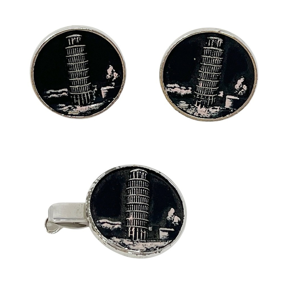 Vintage Hickok Silver Tone Leaning Tower of Pisa Cufflinks Tie Clip